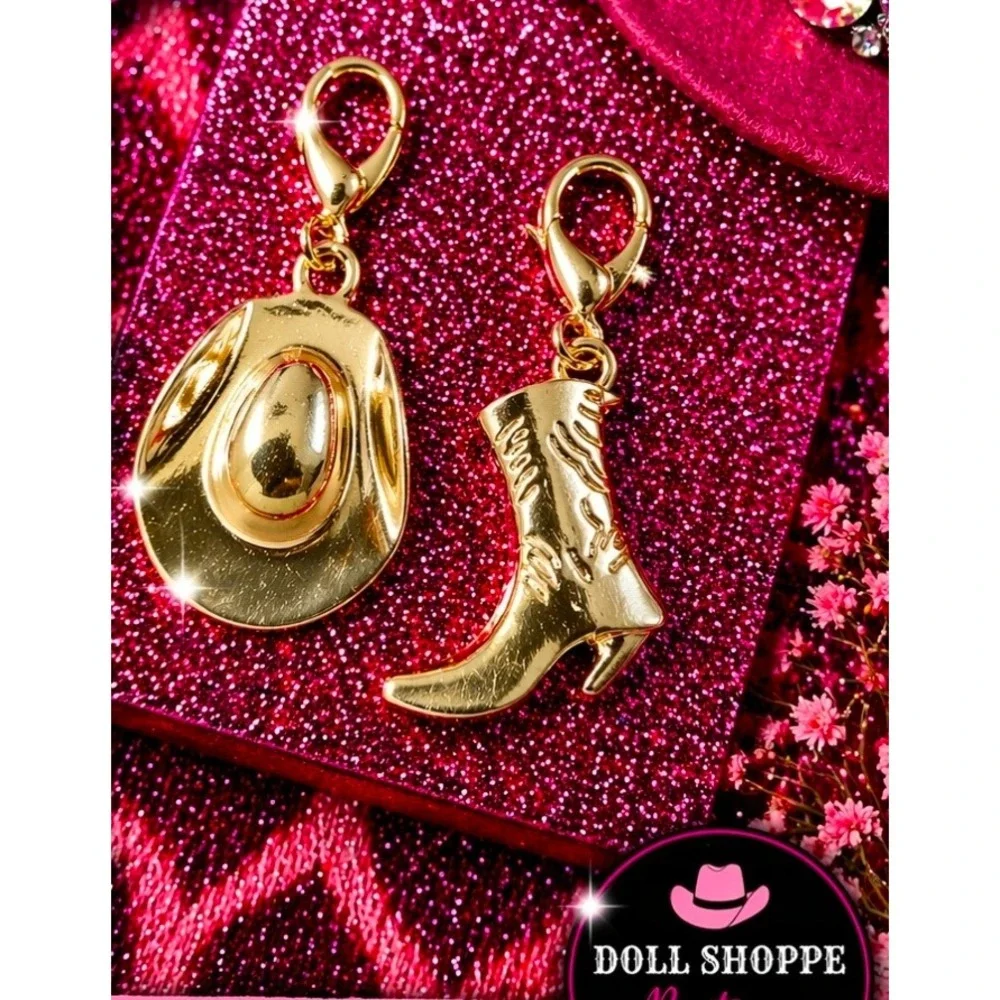 Western Gold Cowgirl Charm Earring Set | Classic Hat & Boot Clip-On Charms